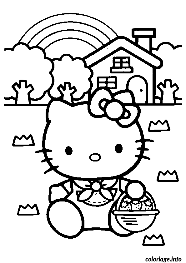 Ausmalbild Hello Kitty spielt mit einem Schmetterling zum Ausdrucken