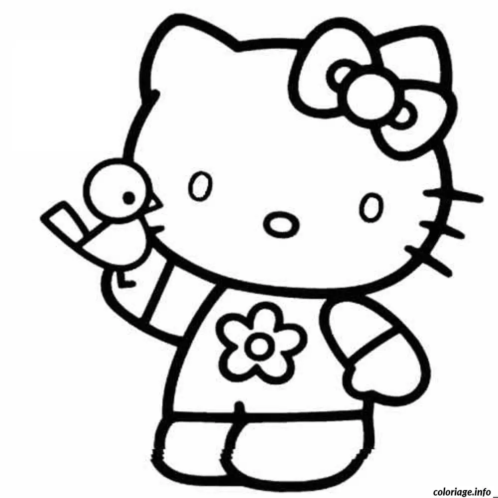 Coloriage Hello Kitty souriante avec nœud rose - Hello kitty à imprimer