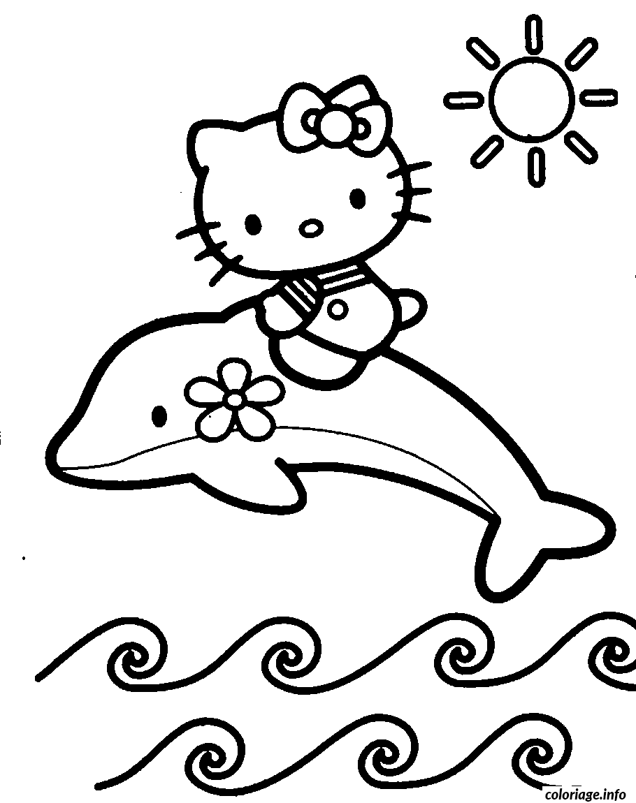 Coloriage Hello Kitty souriante avec nœud rose - Hello kitty à imprimer
