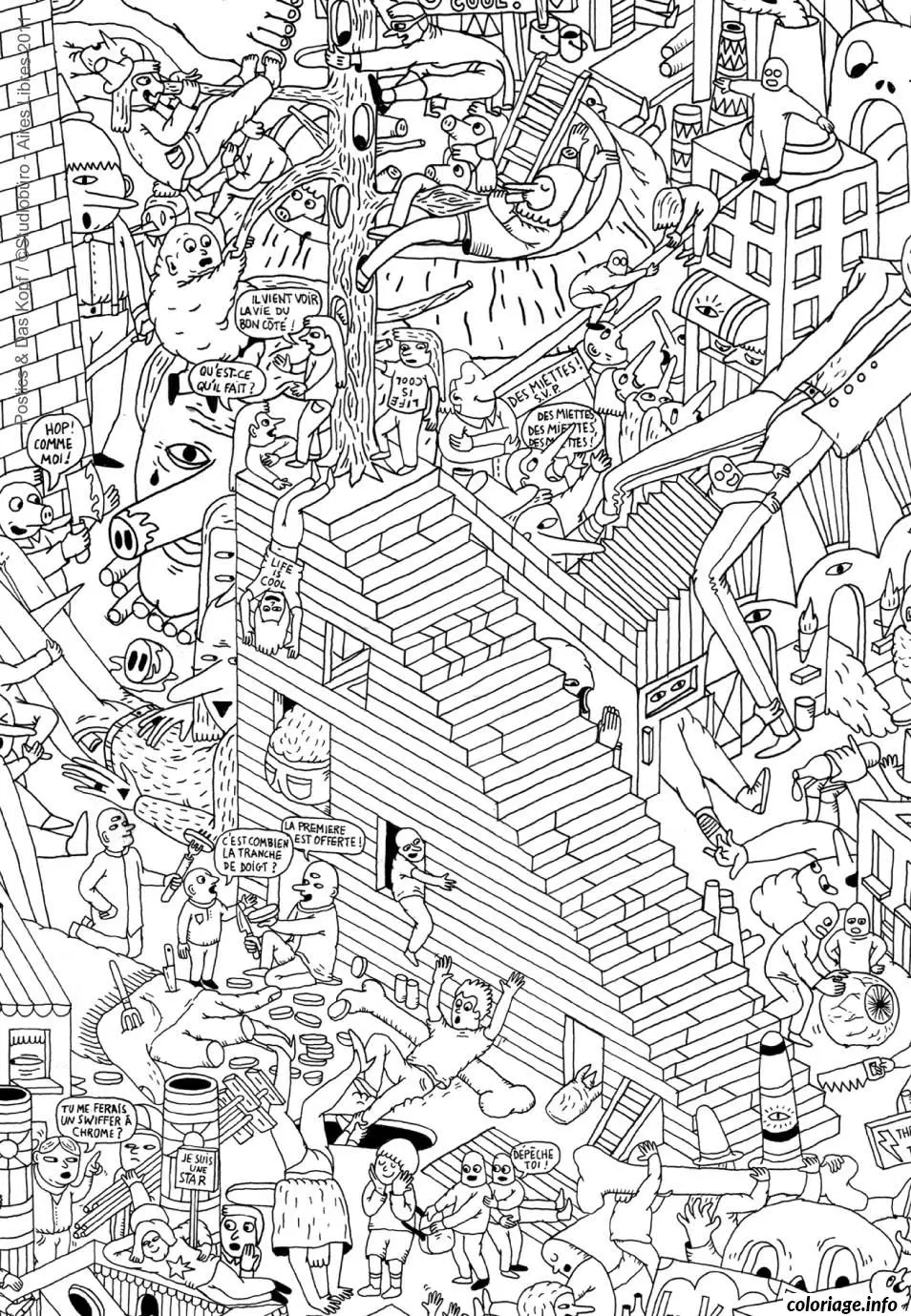 Coloriage Scène urbaine chaotique et surréaliste détaillée - Adulte à imprimer