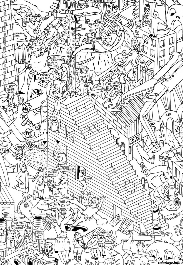 Coloriage Scène urbaine chaotique et surréaliste détaillée - Adulte à imprimer