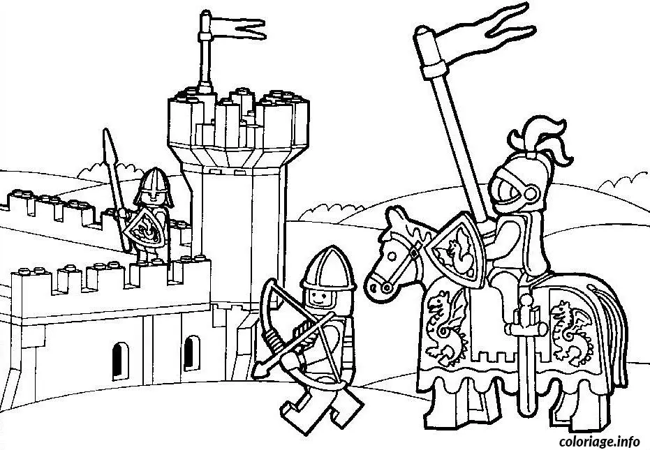 Coloriage Chevaliers Lego devant le château fort - Dessin à imprimer