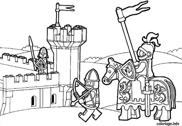 Coloriage Chevaliers Lego devant le château fort - Dessin à imprimer