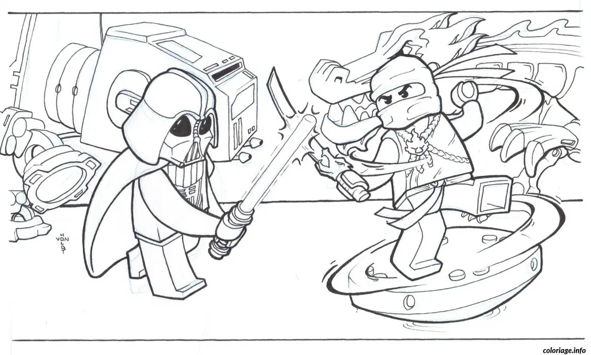 Coloriage Darth Vader combattant une Tortue Ninja - Dessin à imprimer