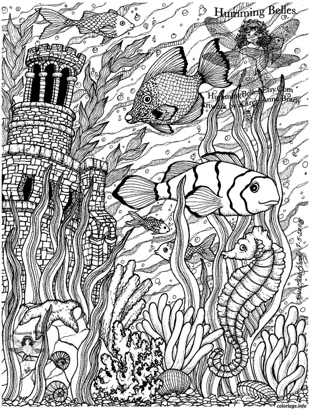 Coloriage Monde aquatique avec tour et créatures marines - Difficile à imprimer