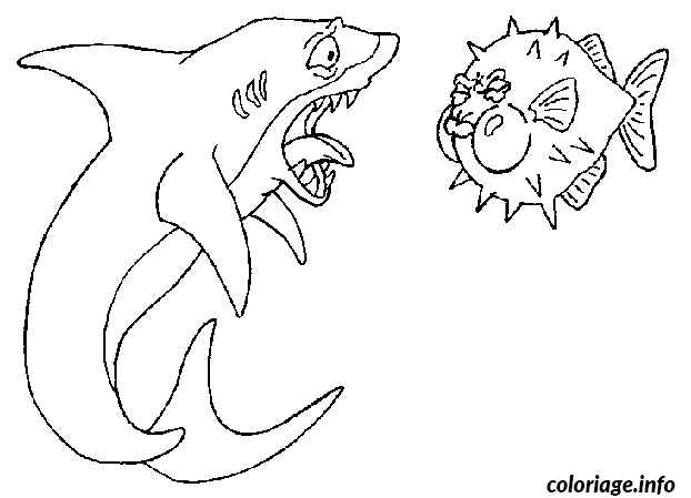 Coloriage Un requin qui a peur d'un poisson moche - Poisson à imprimer