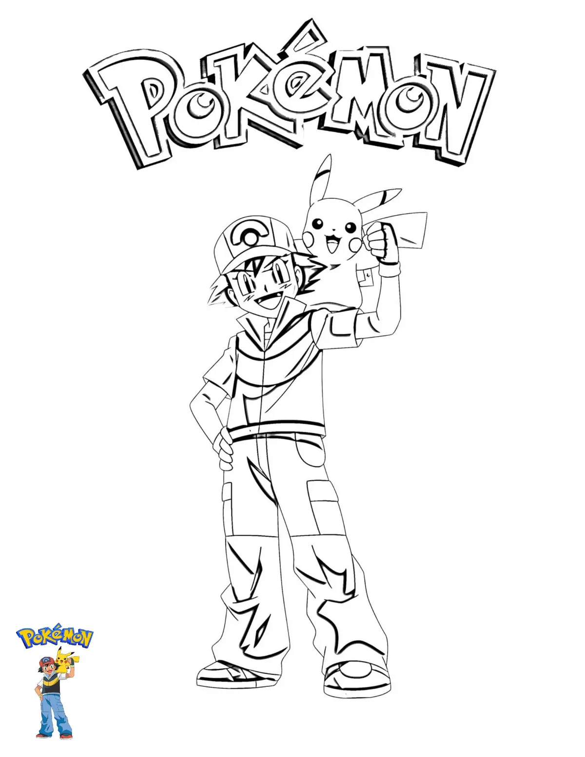 Ash and Pikachu – 3 Pokémon Friends coloring page to print