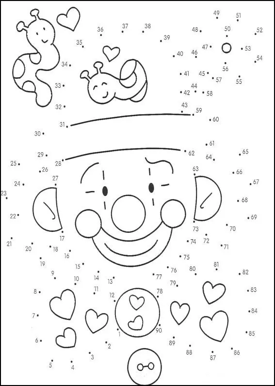 Coloriage Clown souriant entouré de cœurs - Points a relier à imprimer