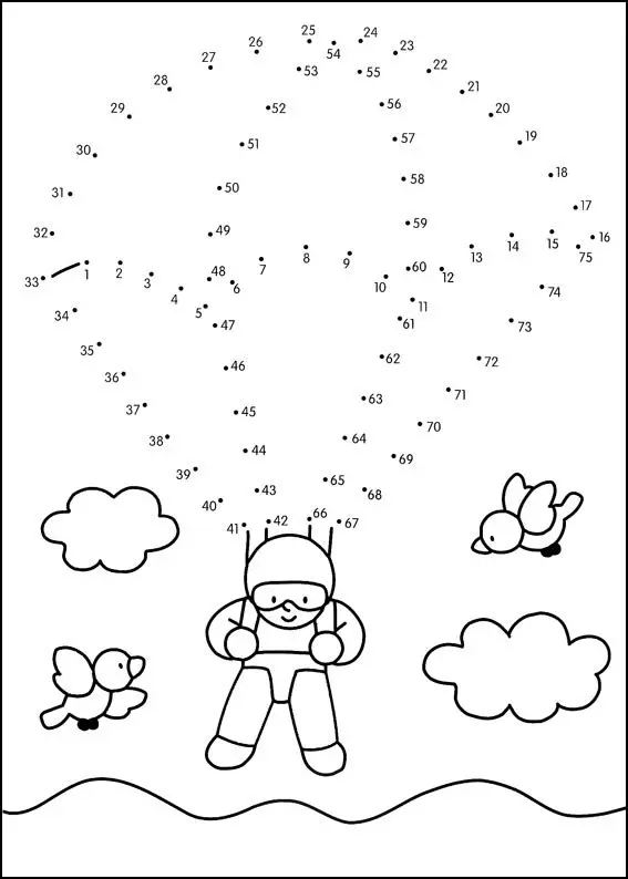 Coloriage Un enfant qui vole dans les nuages - Points a relier à imprimer