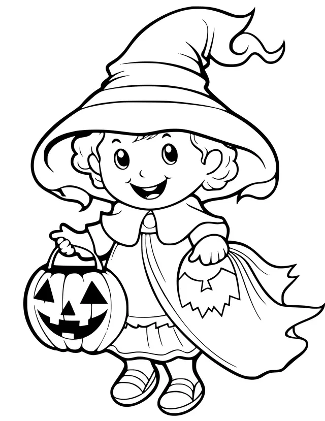 Coloriage Petite sorcière souriante avec sa citrouille - Halloween maternelle à imprimer