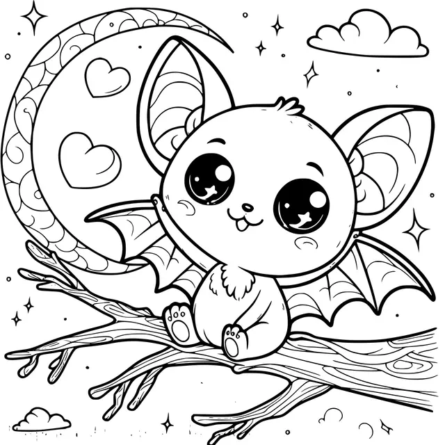 Coloriage Chauve-souris kawaii devant la lune - Halloween maternelle à imprimer