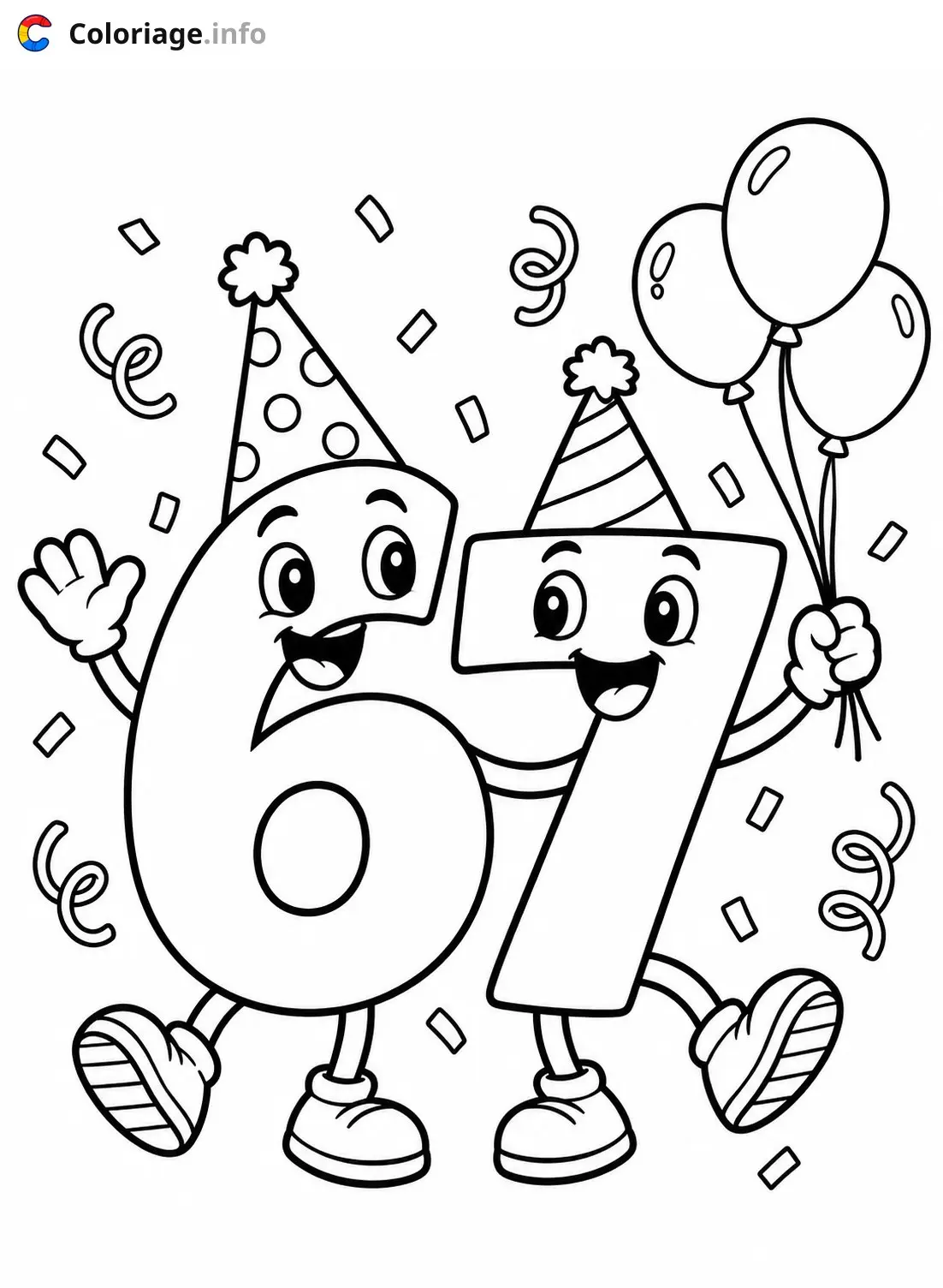 Coloriage 67 mème Les chiffres 6 et 7 fêtent leur anniversaire - Mème 67 à imprimer