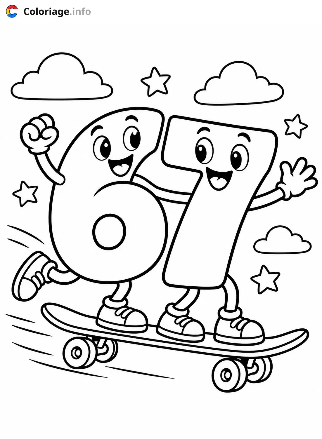 Coloriage 67 mème Les chiffres 6 et 7 skateboard - Mème 67 à imprimer