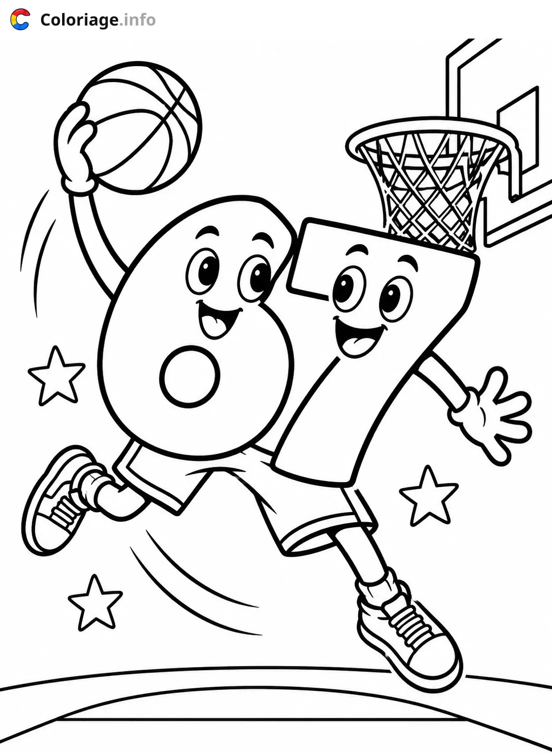Coloriage 67 mème Les chiffres jouent au basketball - Mème 67 à imprimer