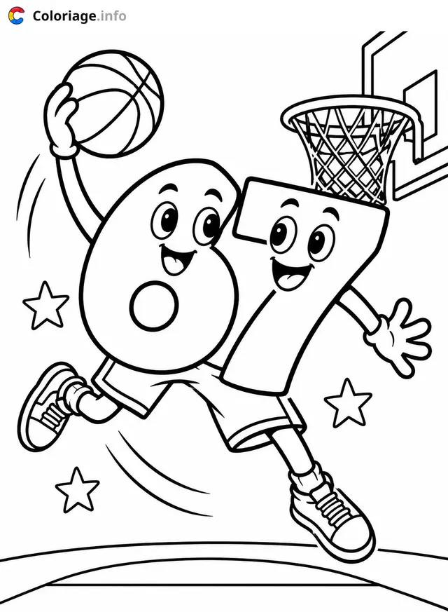 Ausmalbild Die Zahlen spielen Basketball zum Ausdrucken