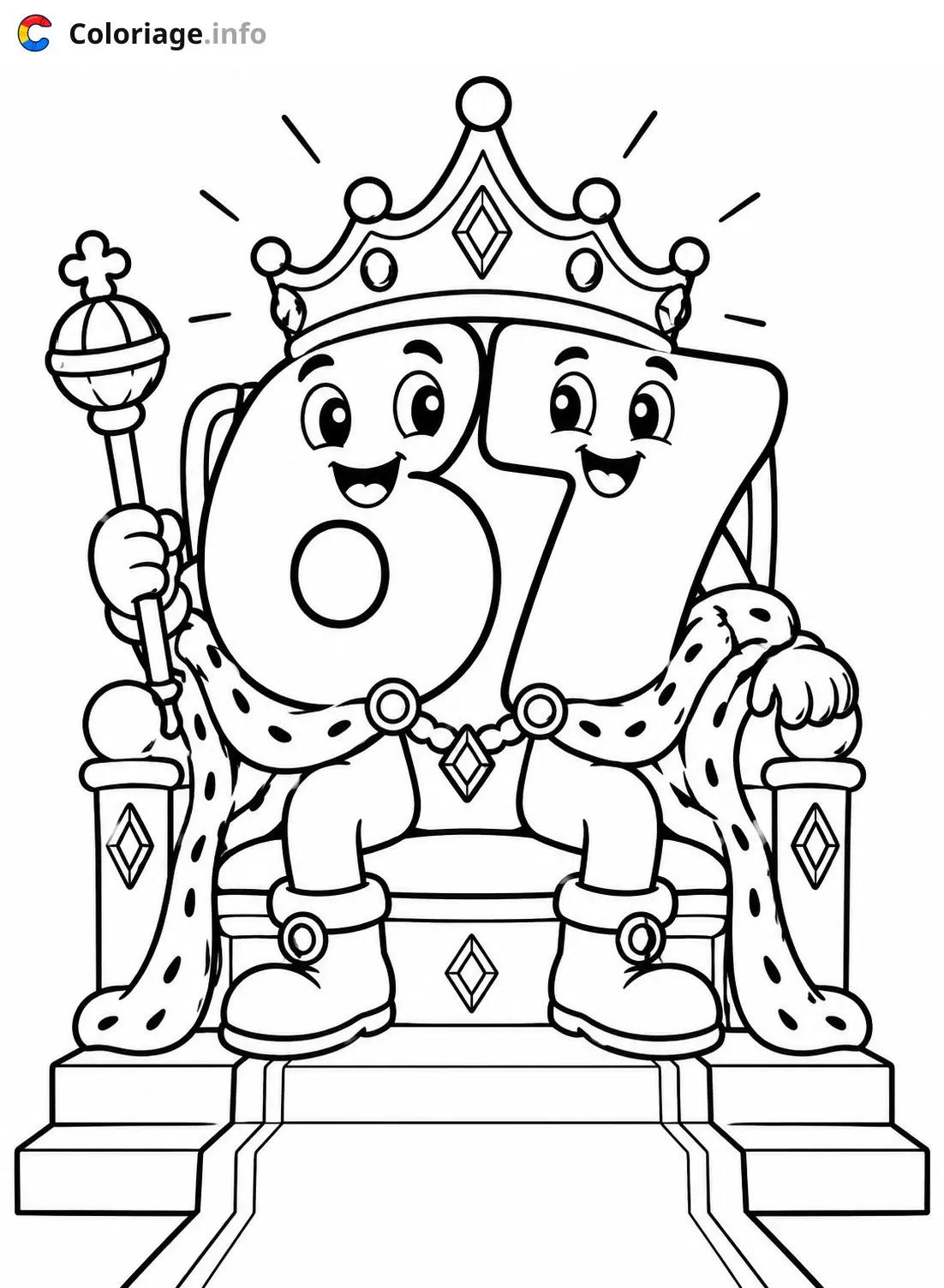 Coloriage 67 mème Les Rois Chiffres Sur Trône - Mème 67 à imprimer