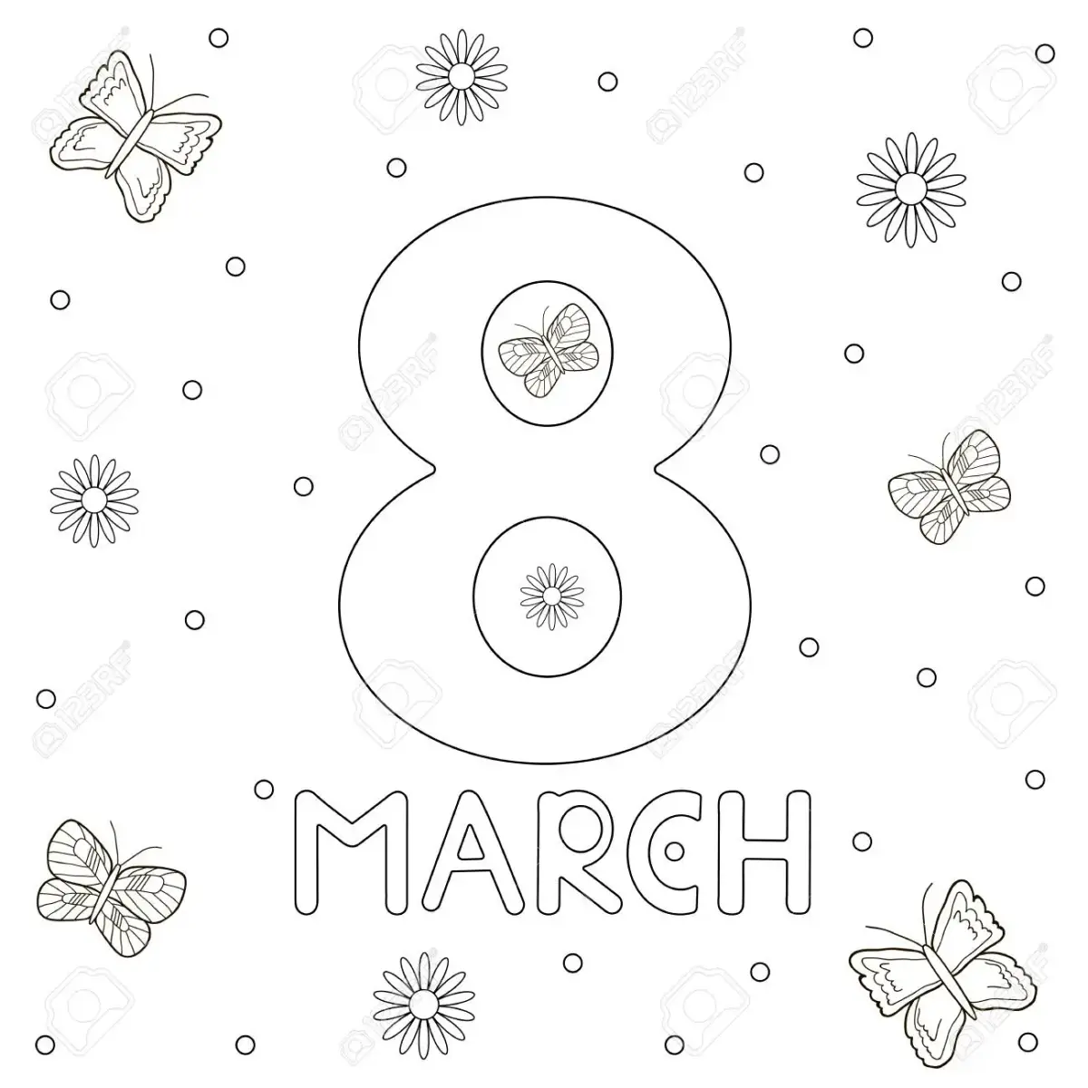 Dibujo de Mariposa y flor del 8 de marzo para colorear