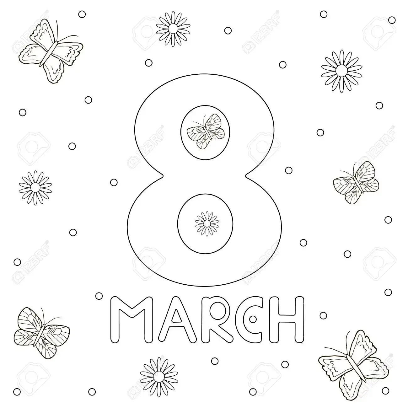 Coloriage 8 March Butterfly Flower - Journée de la femme 8 mars à imprimer