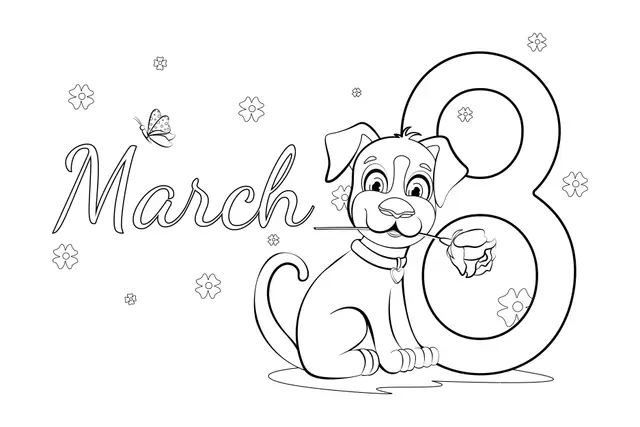 Desenho de Cachorro, Flores e Amor no Dia da Mulher para colorir