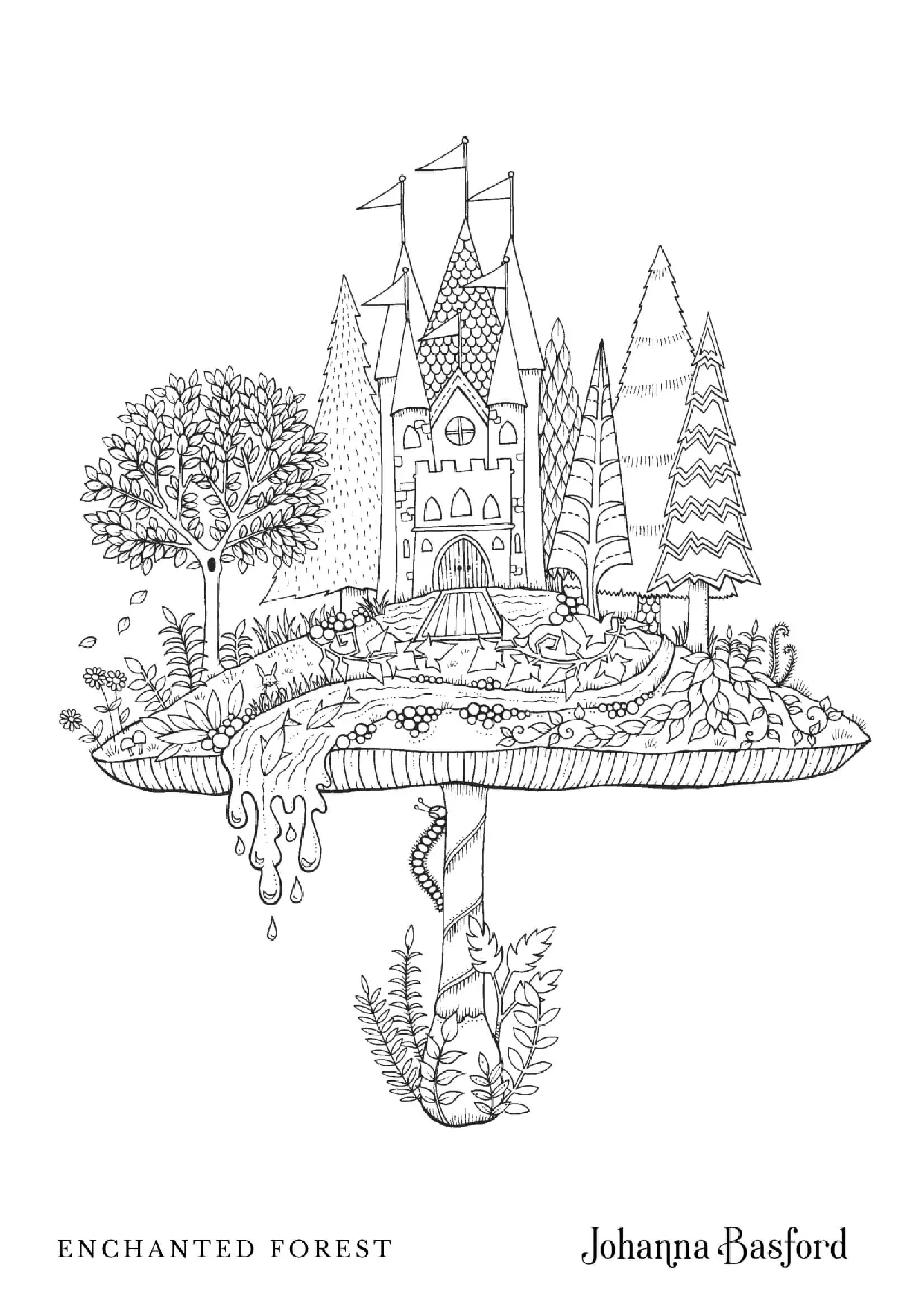 Coloriage Château de champignons enchanté - Adulte par johanna basford à imprimer