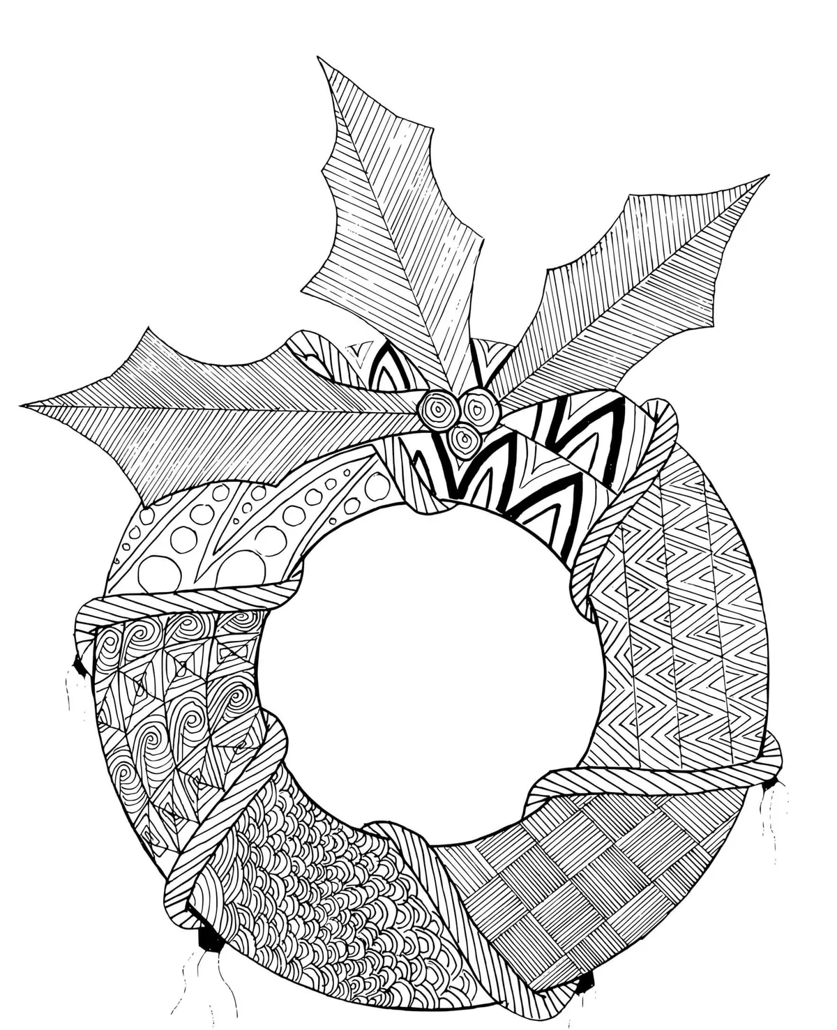 Kolorowanka Zentangle Wieniec Bożonarodzeniowy do druku