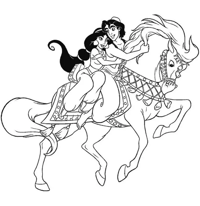 Coloriage Aladdin Et Jasmine Sur Un Cheval - Jasmine à imprimer