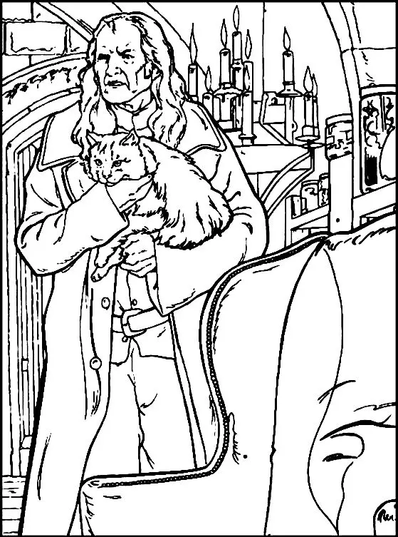 Coloriage Argus Rusard Et Sa Chatte Miss Teigne - Harry potter à imprimer