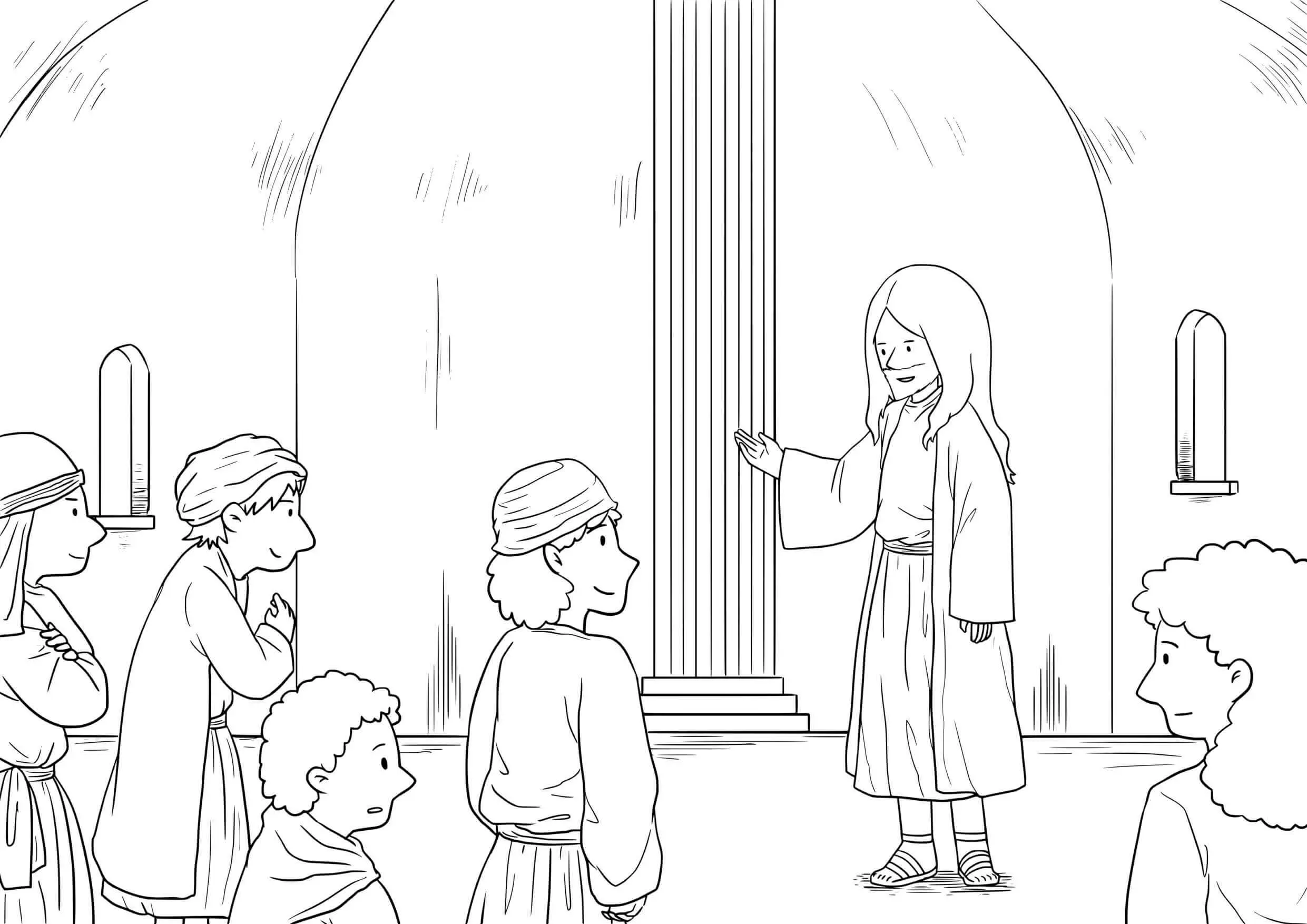 Coloriage Femme courbée guérie par Jésus - Luc 13 - Jésus à imprimer