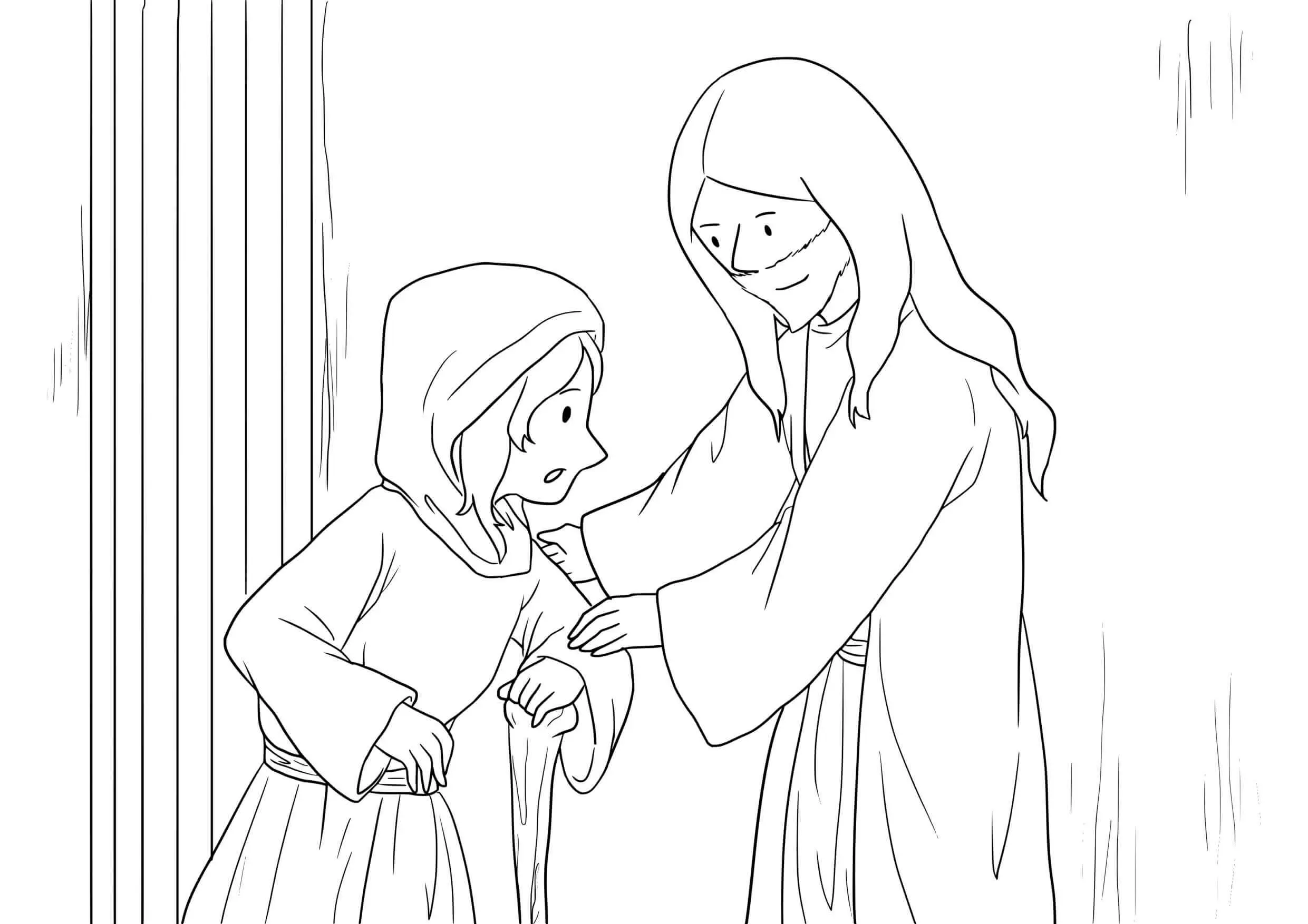 Coloriage Jésus guérit une femme courbée au temple - Jésus à imprimer
