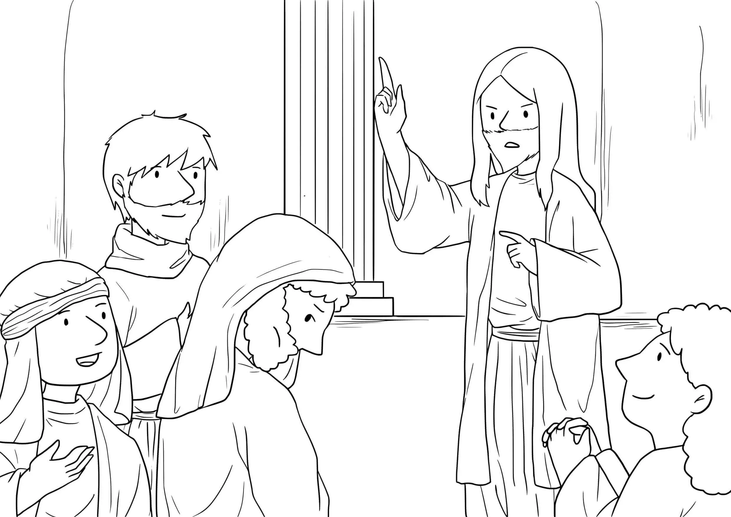 Coloriage Femme guérie par Jésus dans le temple - Jésus à imprimer