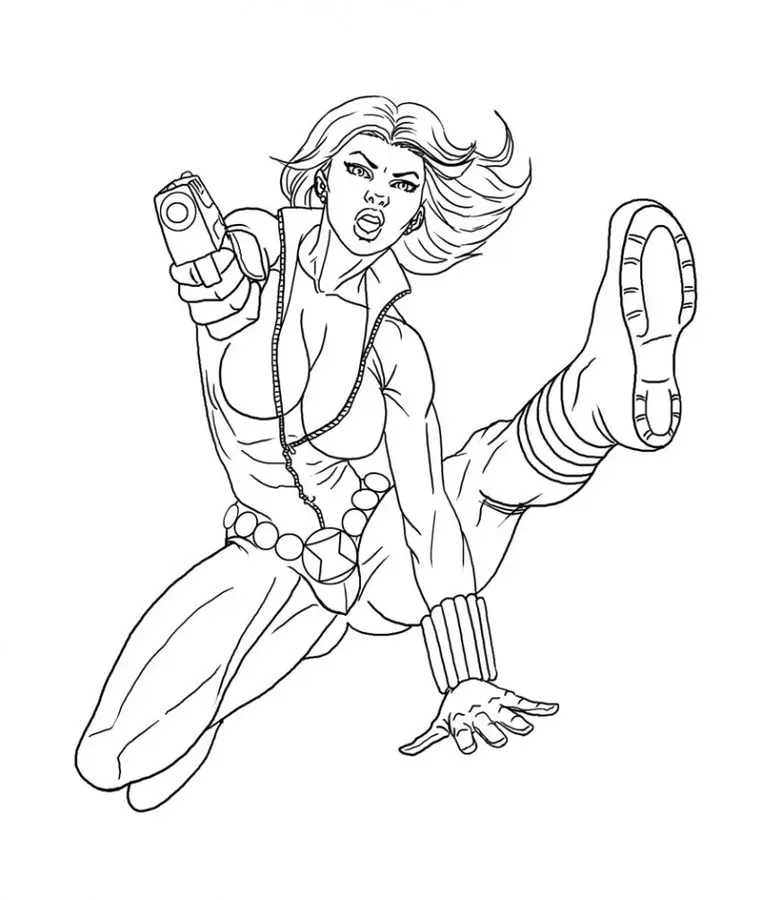 Dibujo de Viuda Negra en plena acción Marvel para colorear