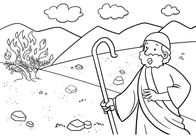 Coloriage Moïse et le buisson enflammé divin - Jésus à imprimer