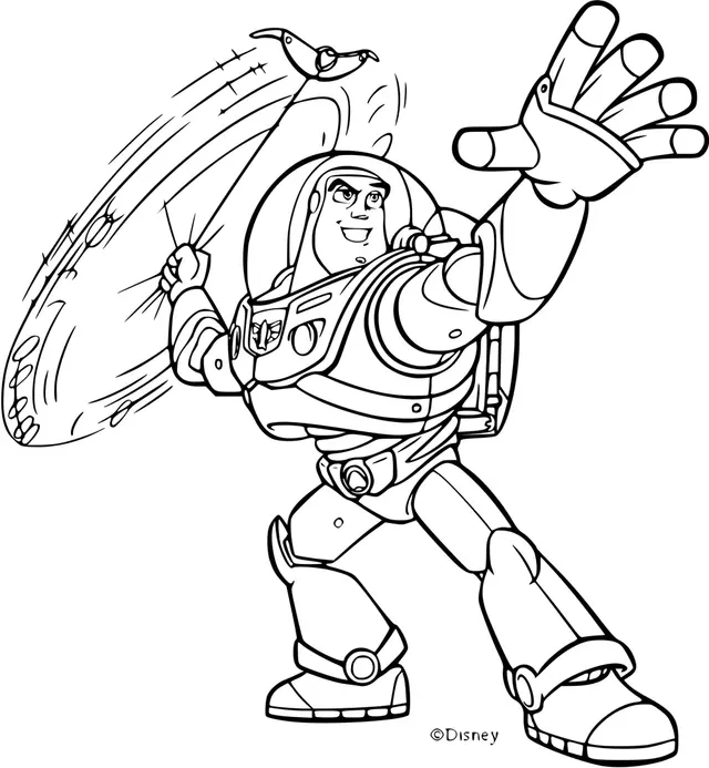 Ausmalbild Buzz Lightyear in dynamischer Actionpose zum Ausdrucken