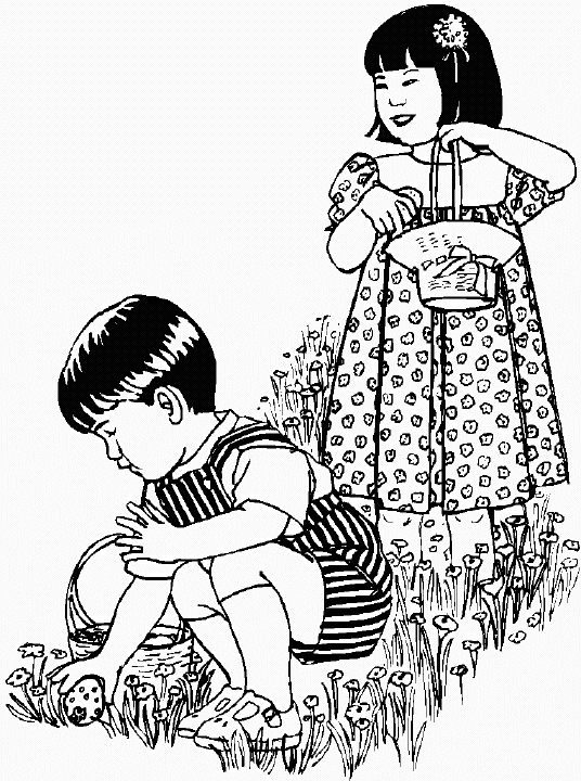Disegno di Due bambini raccolgono cioccolatini di Pasqua da stampare