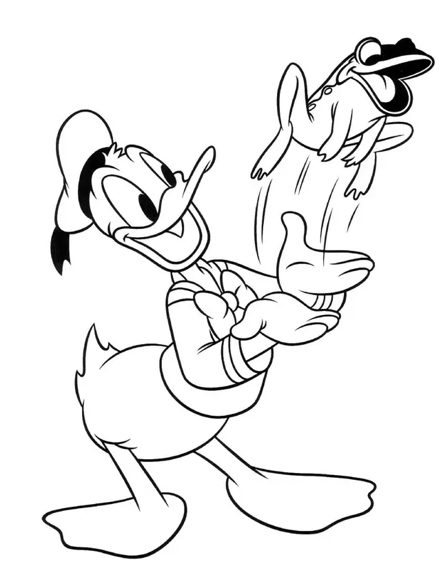 Coloriage Donald Duck avec une grenouille - Disney à imprimer