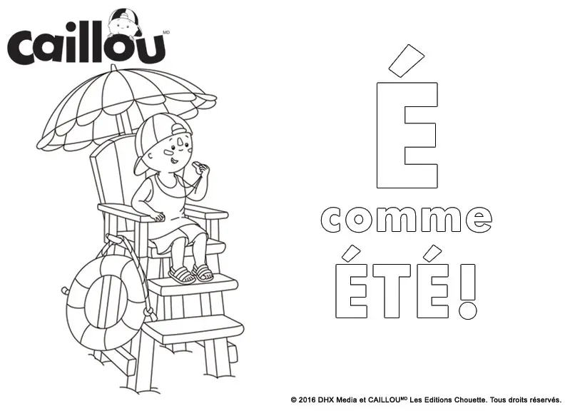 Coloriage E Comme Été Caillou Profite Du Soleil Et De La Plage - Caillou à imprimer