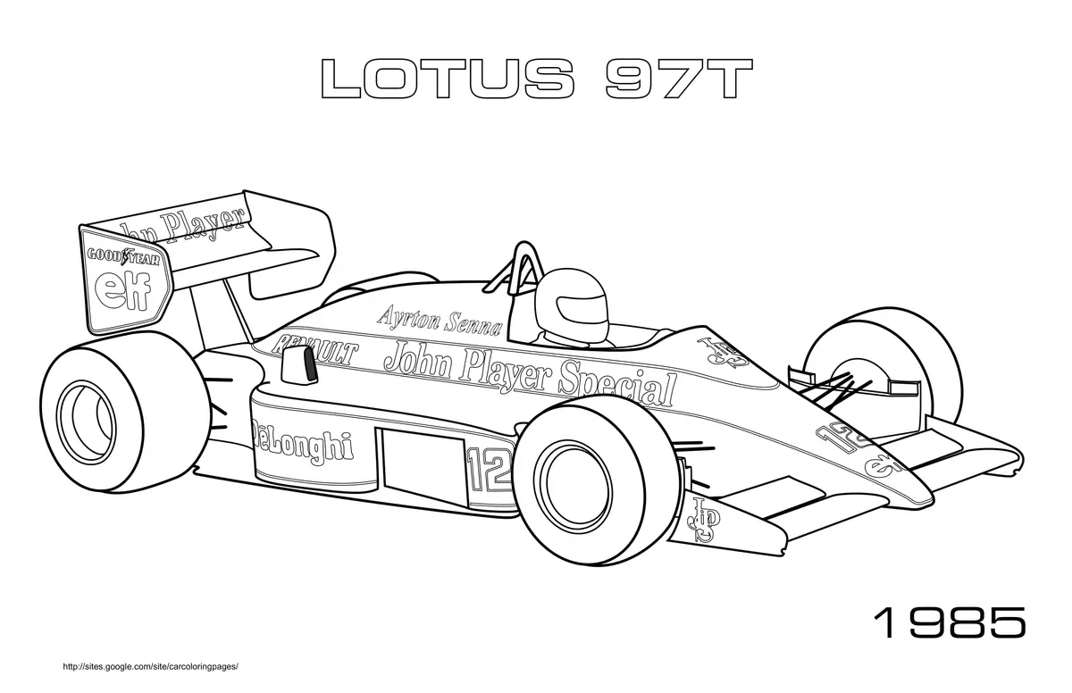 Legendary Lotus 97T 1985 Formula 1 Car coloring page to print