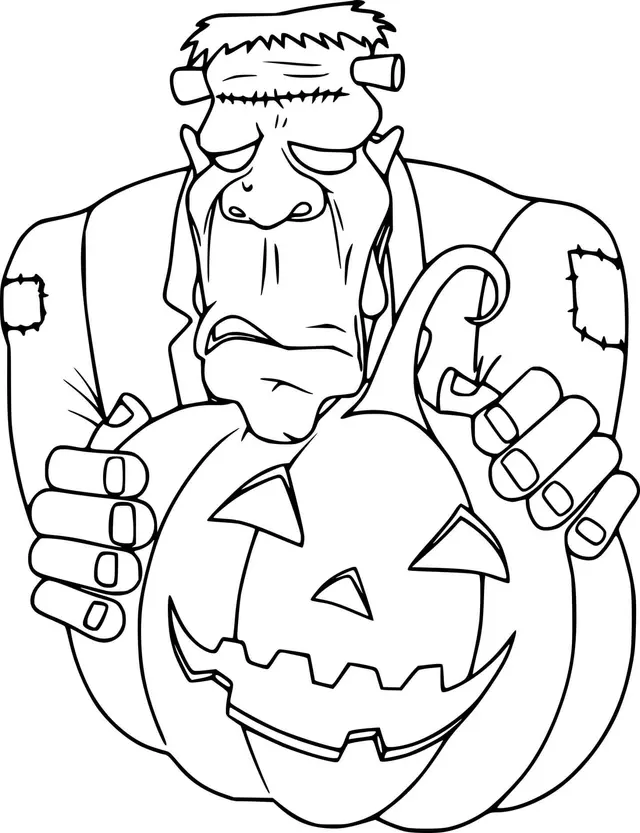 Coloriage Frankenstein Se Cache Derrière Une Citrouille Halloween - Frankenstein à imprimer
