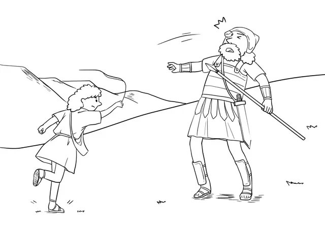 Coloriage Combat légendaire de David contre Goliath - Jésus à imprimer