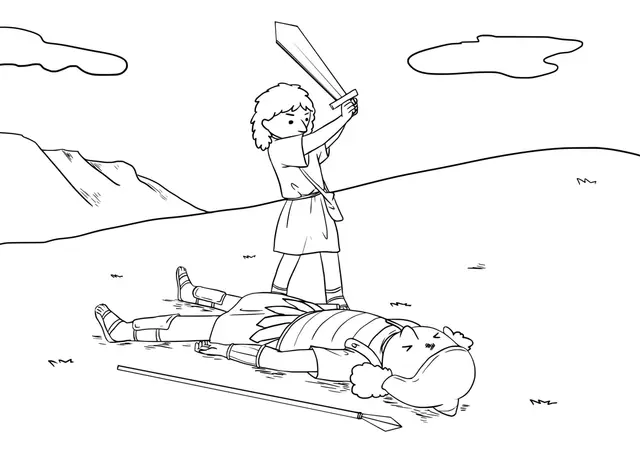 Coloriage Goliath le géant face au jeune David - Jésus à imprimer