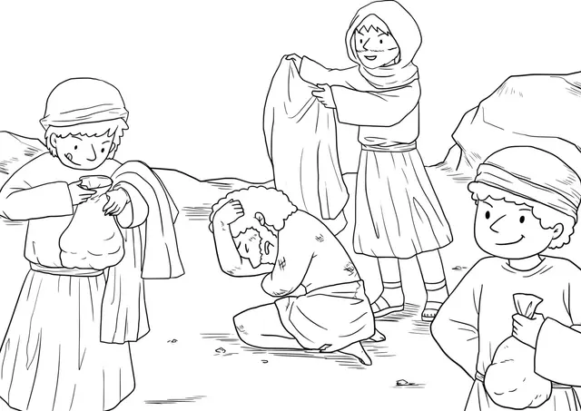Coloriage Scène du Bon Samaritain sur la route - Jésus à imprimer