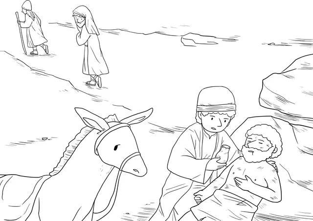 Coloriage Parabole du Bon Samaritain et charité - Jésus à imprimer