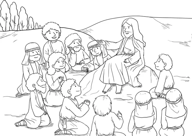 Coloriage Jésus enseignant ses apôtrès sur la montagne - Jésus à imprimer