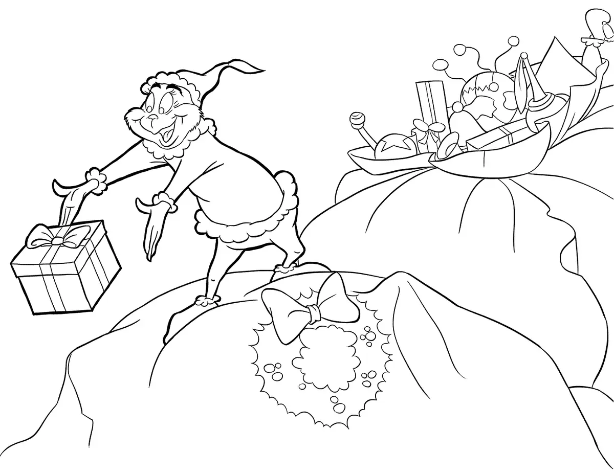 Ausmalbild Grinch verteilt Geschenke an die Kinder zum Ausdrucken