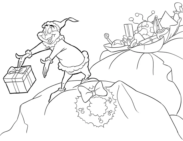 Ausmalbild Grinch verteilt Geschenke an die Kinder zum Ausdrucken