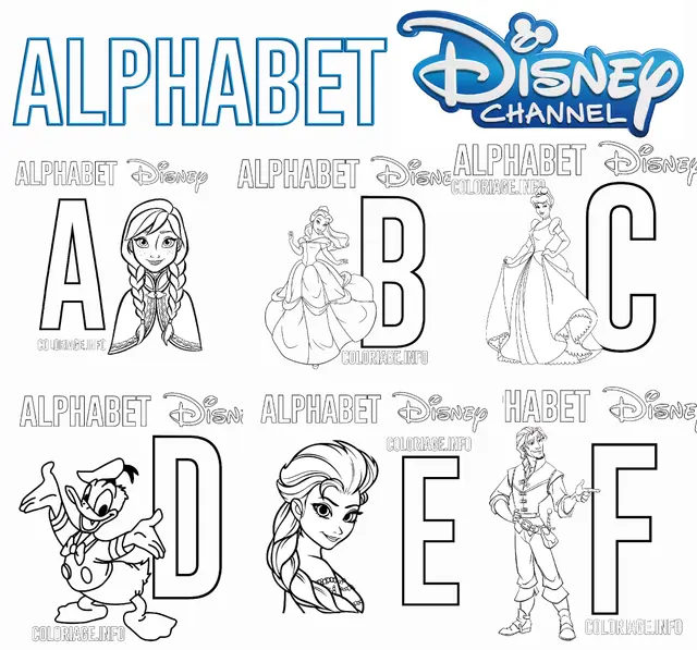 Coloriage Alphabet Disney Channel de A à F - Alphabet disney à imprimer
