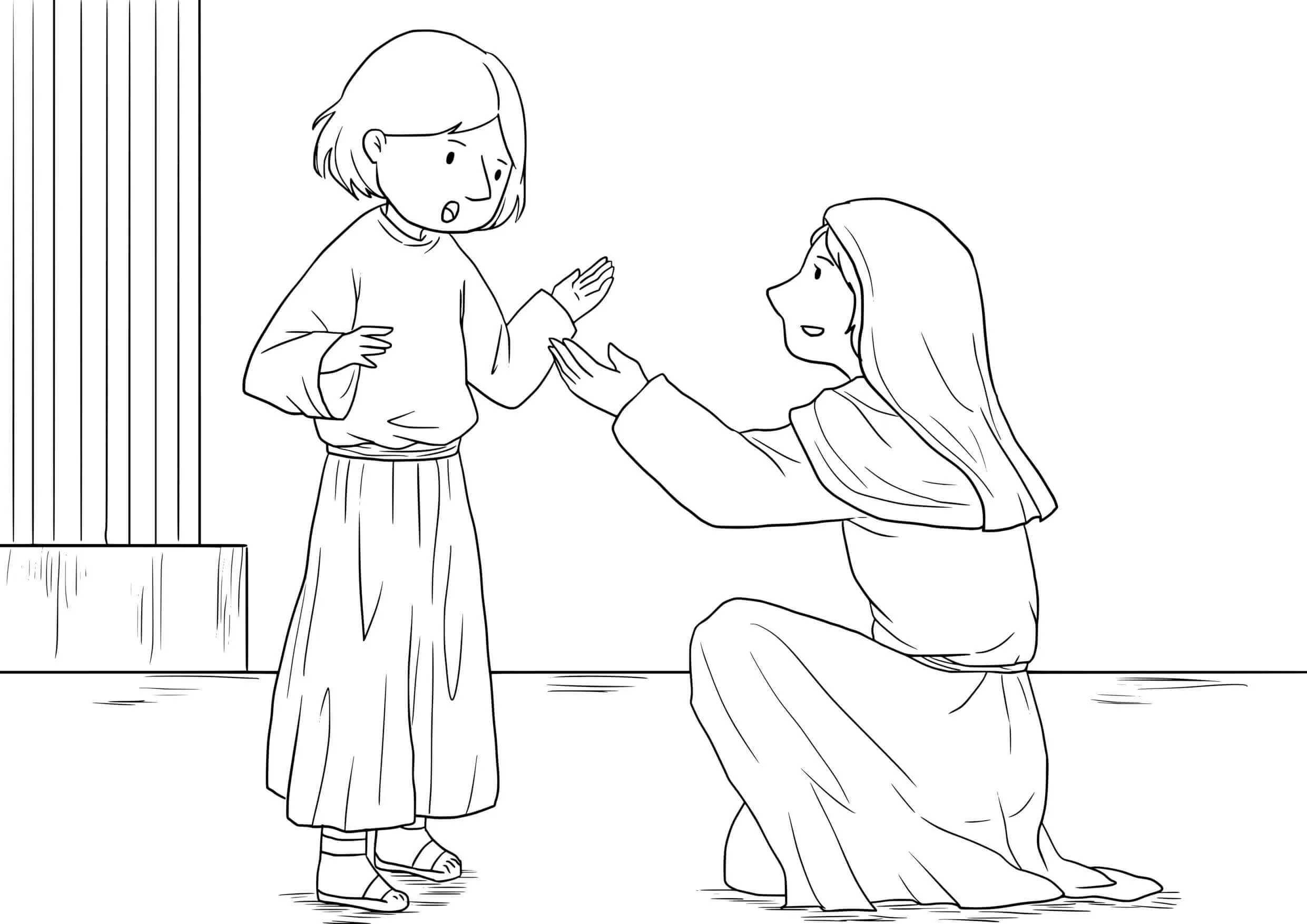 Coloriage Jésus enfant en Galilée, scène biblique - Jésus à imprimer