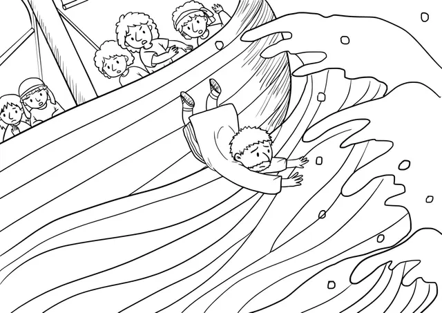 Coloriage Jonas au port embarquant un navire - Jésus à imprimer