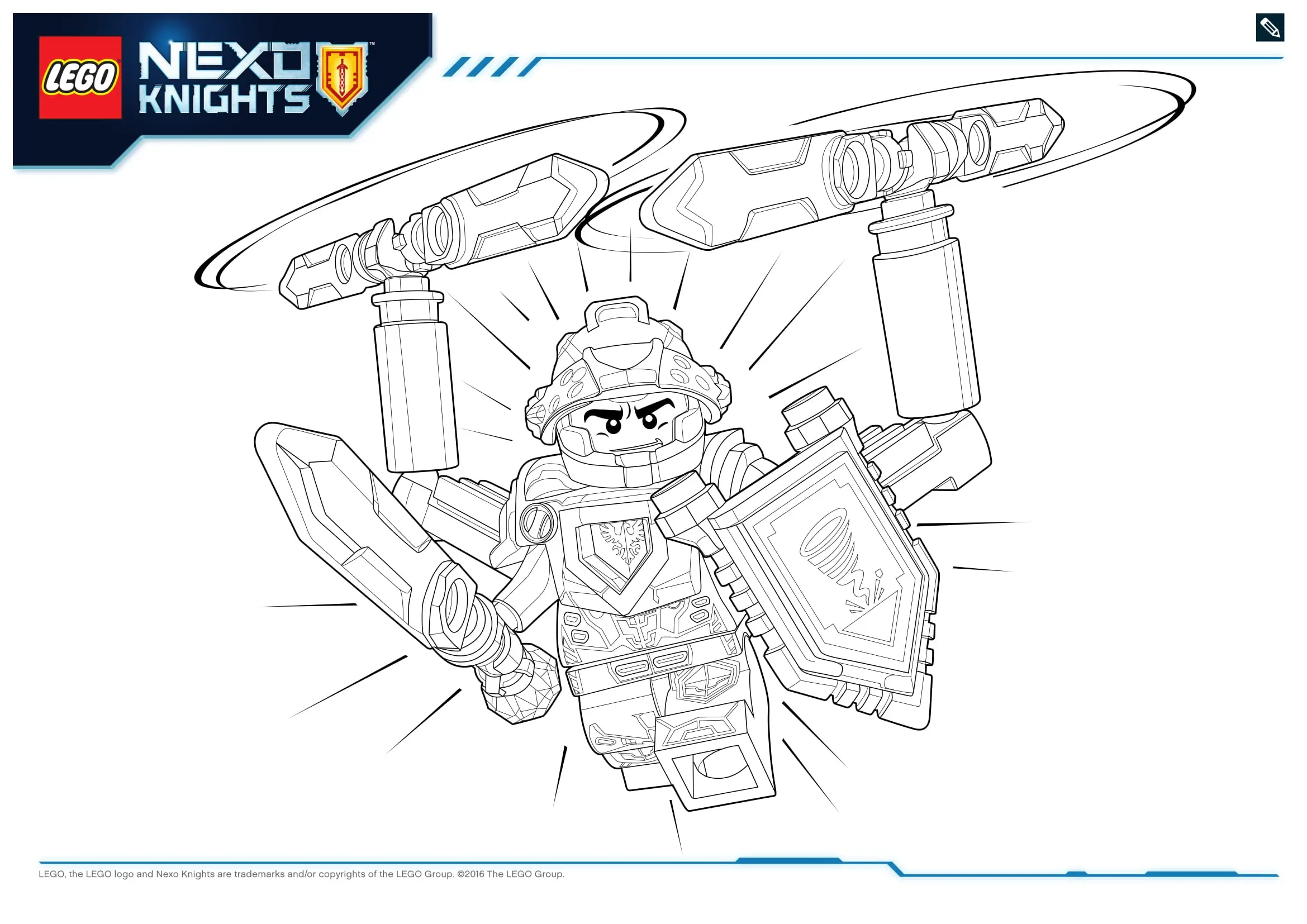 Coloriage Guerriers Nexo Knights avec épées futuristes - Lego à imprimer
