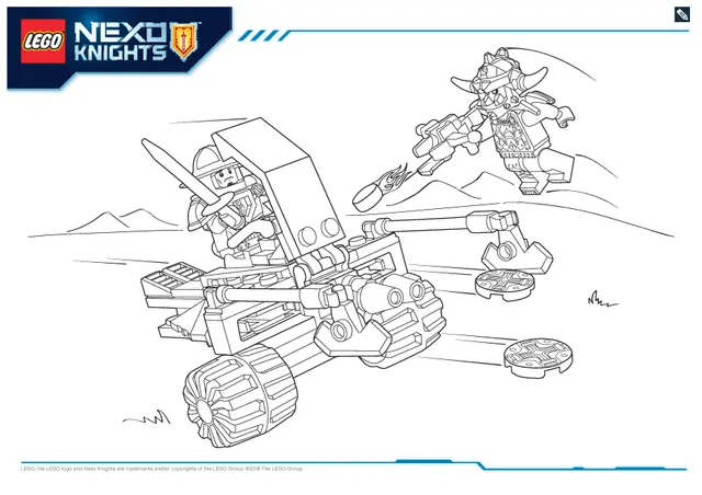 Coloriage Lego Nexo Knights véhicule de combat face à un monstre volant - Lego à imprimer